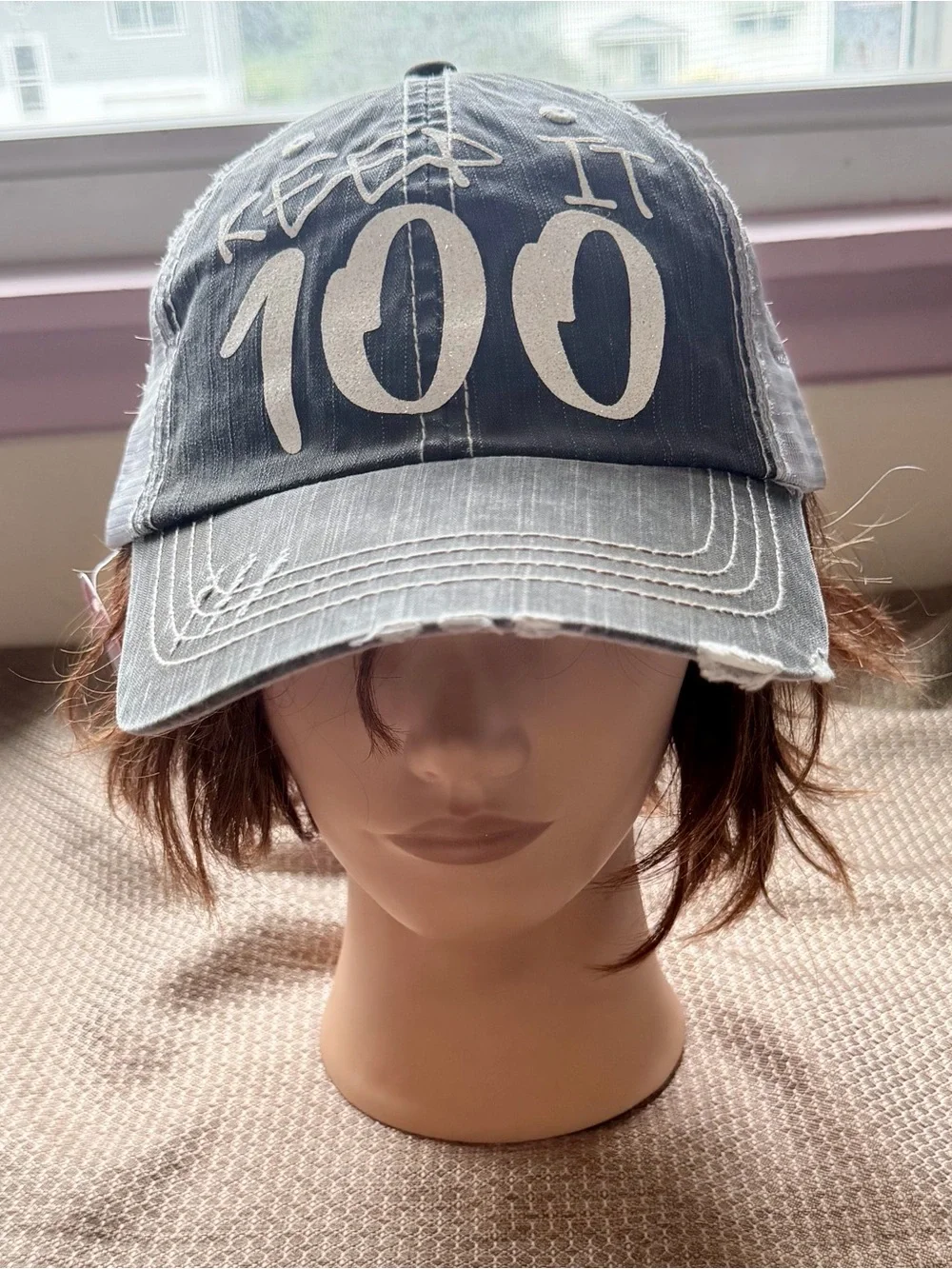 Brand New Handmade Women’s Distressed “Keep It 100” Trucker Cap Hat